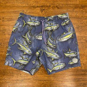 Psycho Tuna Blue Fish Print Vacation‎ Beach Pool Swim Trunks Shorts 6" Men's Med